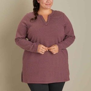 Duluth Trading Co. Ponte Pro Tunic Shirt Striped Maroon Red White Pockets